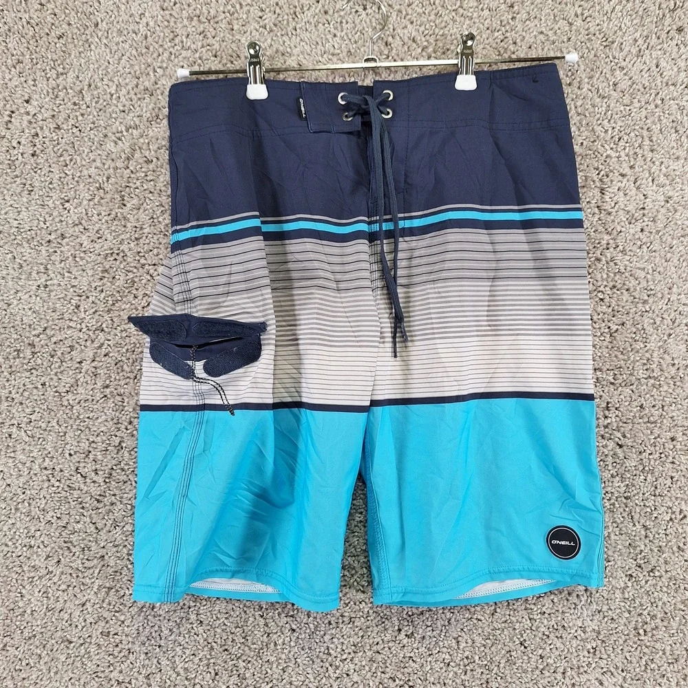 O'Neill Board Shorts Mens 30 (Fits W30) Blue Striped Surf Swimwear Beach